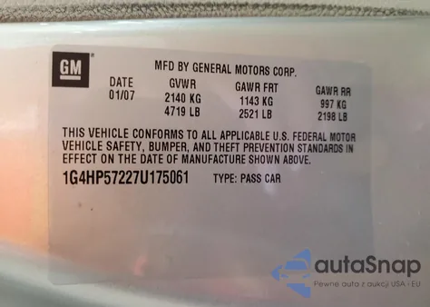 2007 Buick Lucerne Cx из США, поврежденный, VIN 1G4HP57227U175061